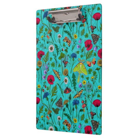 Wilde Blume und Motten auf aquamarin Klemmbrett (Links)