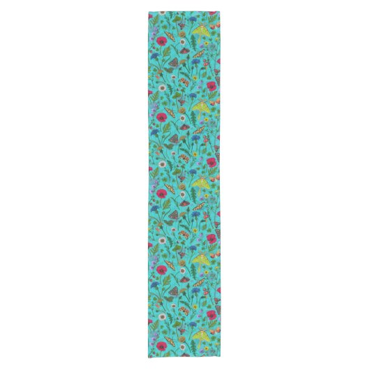 Wilde Blume und Motten auf aquamarin Kurzer Tischläufer (Vorderseite)