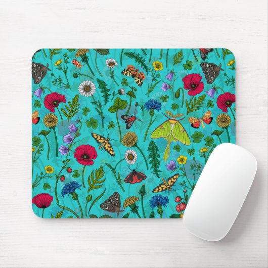 Wilde Blume und Motten auf aquamarin Mousepad (Mit Mouse)