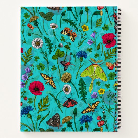Wilde Blume und Motten auf aquamarin Notizblock (Rückseite)