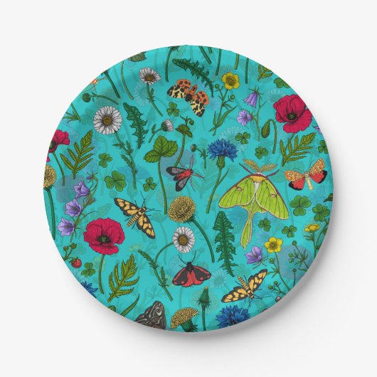 Wilde Blume und Motten auf aquamarin Pappteller (Vorderseite)