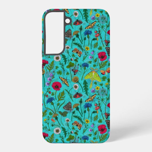 Wilde Blume und Motten auf aquamarin Samsung Galaxy Hülle (Rückseite)