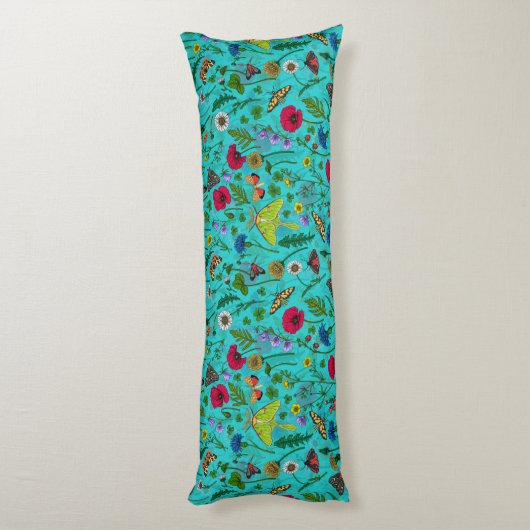 Wilde Blume und Motten auf aquamarin Seitenschläferkissen (Rückseite (Vertikal))