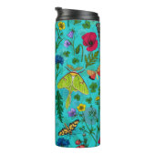 Wilde Blume und Motten auf aquamarin Thermosbecher (Nach rechts gedreht)
