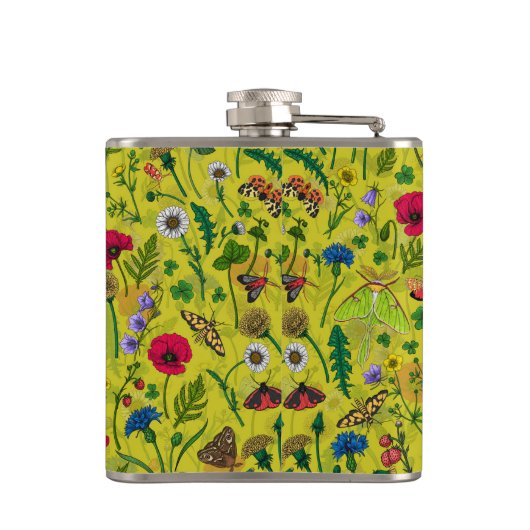 Wilde Blume und Motten auf Grün Flachmann (Rückseite)