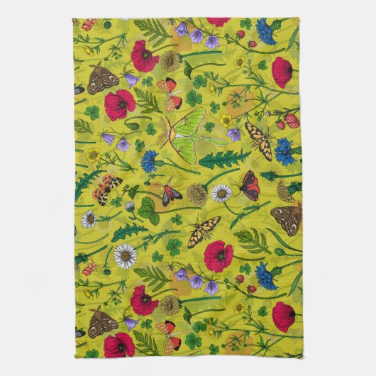 Wilde Blume und Motten auf Grün Geschirrtuch (Vertikal)