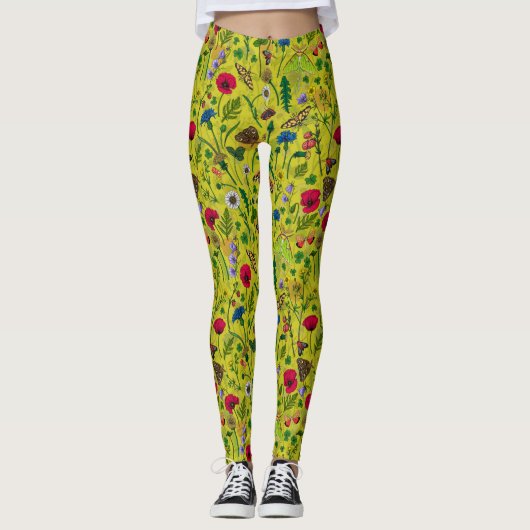 Wilde Blume und Motten auf Grün Leggings (Vorderseite)