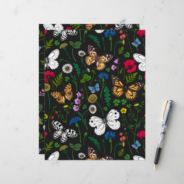 Wilde Blume und Schmetterlinge auf schwarz (Vorderseite/Rückseite Beispiel)