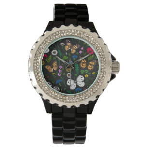 Wilde Blume und Schmetterlinge auf schwarz Armbanduhr