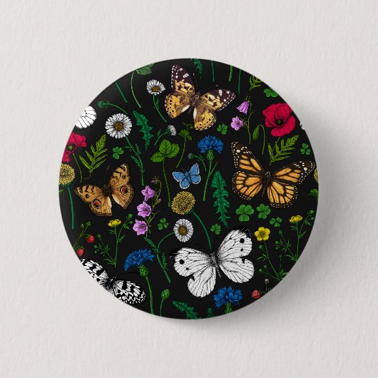 Wilde Blume und Schmetterlinge auf schwarz Button (Vorderseite)