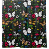 Wilde Blume und Schmetterlinge auf schwarz Duschvorhang (Vorderseite)