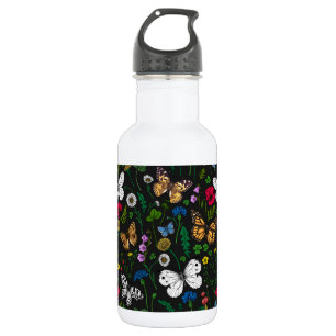 Wilde Blume und Schmetterlinge auf schwarz Edelstahlflasche