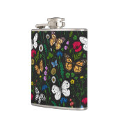 Wilde Blume und Schmetterlinge auf schwarz Flachmann (Links)