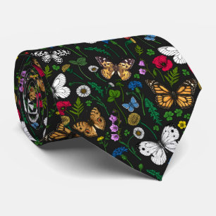 Wilde Blume und Schmetterlinge auf schwarz Krawatte