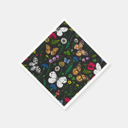 Wilde Blume und Schmetterlinge auf schwarz Serviette (Ecke)