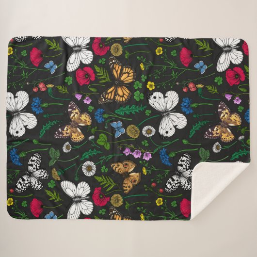 Wilde Blume und Schmetterlinge auf schwarz Sherpadecke (Vorderseite (Horizontal))