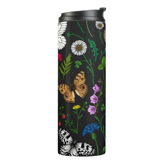 Wilde Blume und Schmetterlinge auf schwarz Thermosbecher (Nach links gedreht)