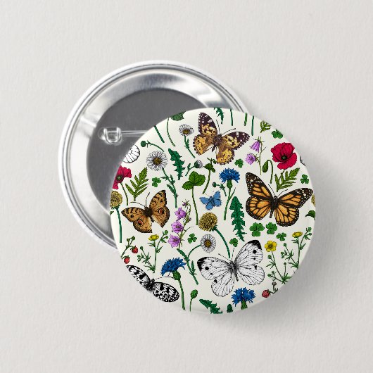 Wilde Blume und Schmetterlinge auf Weiß Button (Vorne & Hinten)