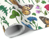 Wilde Blume und Schmetterlinge auf Weiß Geschenkpapier (Rolleneckpunkt)
