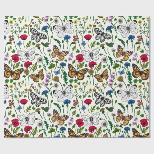Wilde Blume und Schmetterlinge auf Weiß Geschenkpapier (Flach)