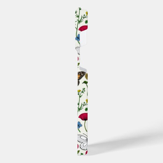 Wilde Blume und Schmetterlinge auf Weiß iPhone Hülle (Linke Seite)
