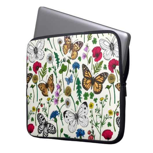 Wilde Blume und Schmetterlinge auf Weiß Laptopschutzhülle (Vorderseite Links)