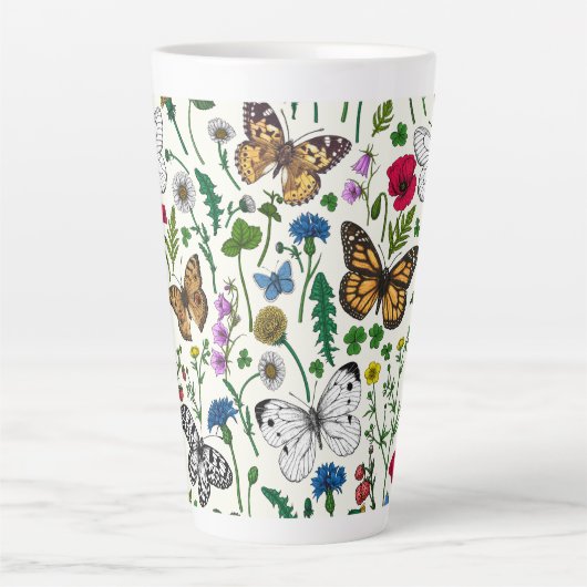 Wilde Blume und Schmetterlinge auf Weiß Milchtasse (Vorderseite)
