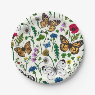 Wilde Blume und Schmetterlinge auf Weiß Pappteller