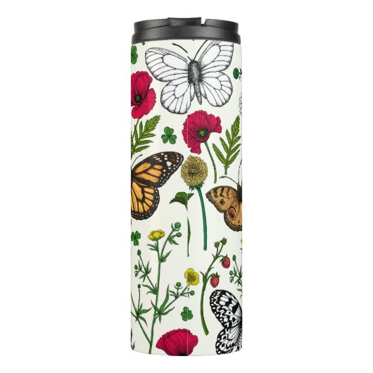 Wilde Blume und Schmetterlinge auf Weiß Thermosbecher (Rückseite)