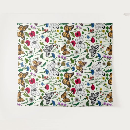 Wilde Blume und Schmetterlinge auf Weiß Wandteppich (Vorderseite (Horizontal))