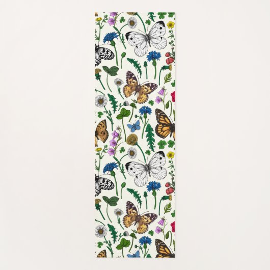 Wilde Blume und Schmetterlinge auf Weiß Yogamatte (Vorderseite)