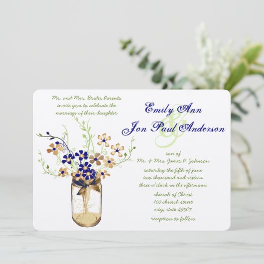 Wilde Blume von Navy Copper und Green Mason Jar Einladung (Stehend Vorderseite)