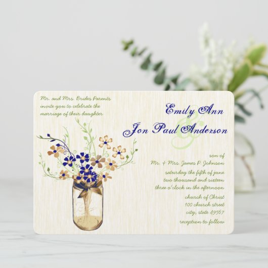 Wilde Blume von Navy Copper und Green Mason Jar Einladung (Stehend Vorderseite)