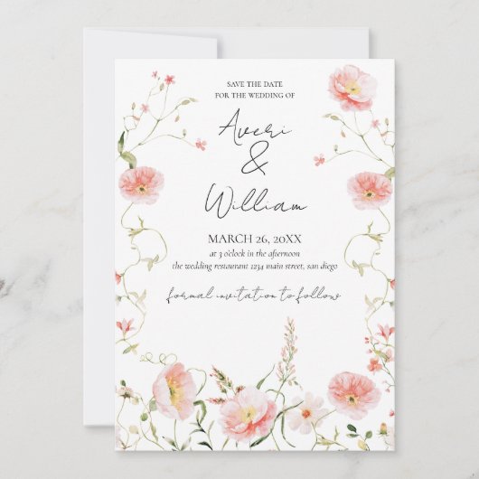 Wilde Blume Watercolor Moderne Boho Wedding Save The Date (Vorderseite)