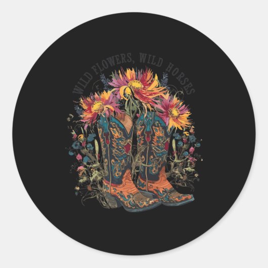 Wilde Blume - Wilde Pferde Cowgirl Boot Western Fl Runder Aufkleber (Vorderseite)