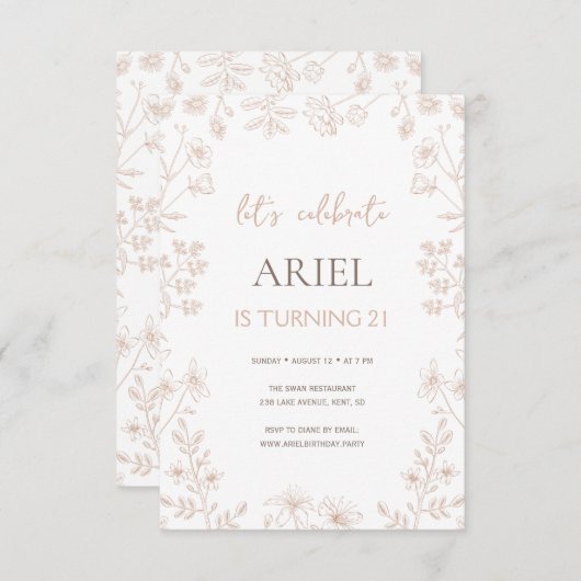 Wilde Blume zeichnend niedliche Blüte 21. Geburtst Einladung (Vorne/Hinten)