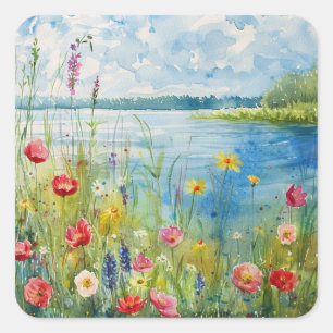 Wilde Blumen an einem See Quadratischer Aufkleber
