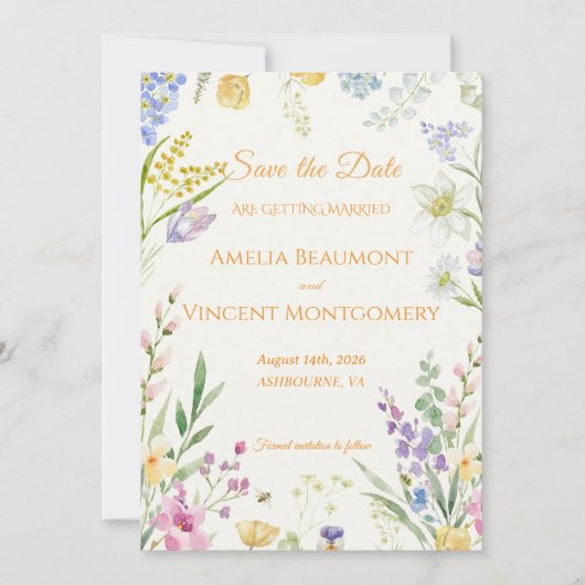 Wilde Blumen Aquarell Blumen Save the Date Karte (Vorderseite)