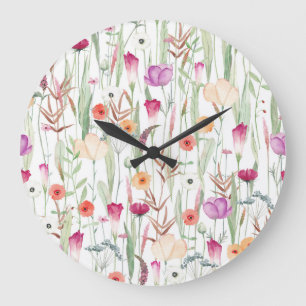Wilde Blumen Aquarell Nahtloses Design Große Wanduhr