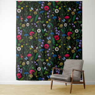 Wilde Blumen auf schwarzem Hintergrund Wandteppich