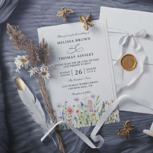 Wilde Blumen Elegante Moderne Budget QR-Code Hochz Einladung