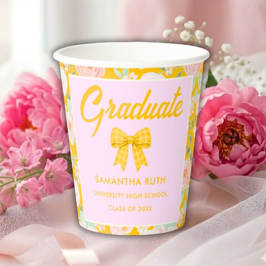 Wilde Blumen Gelb Gingham-Schleife Abschlussfeier Pappbecher