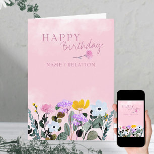 Wilde Blumen Grenze Pink Wasserfarbe Geburtstag Karte