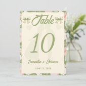 Wilde-Blumen-Grün-Gingham-Bogen-Hochzeitstisch-Num Einladung (Stehend Vorderseite)