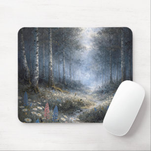 Wilde Blumen in einem mondbeschienenen Birkenwald Mousepad