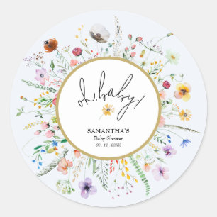 Wilde Blumen Junge Baby Shower Blau Runder Aufkleber