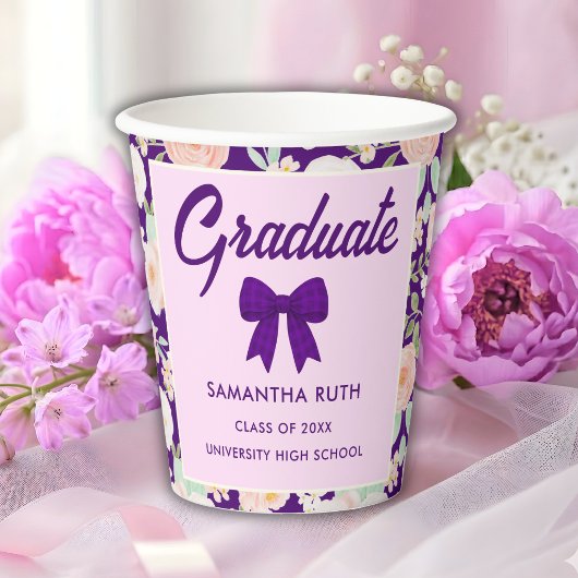 Wilde Blumen Lila Gingham-Schleife Abschlussfeier Pappbecher