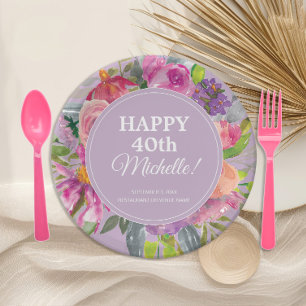 Wilde Blumen Lila Rosa 40. Geburtstag Pappteller