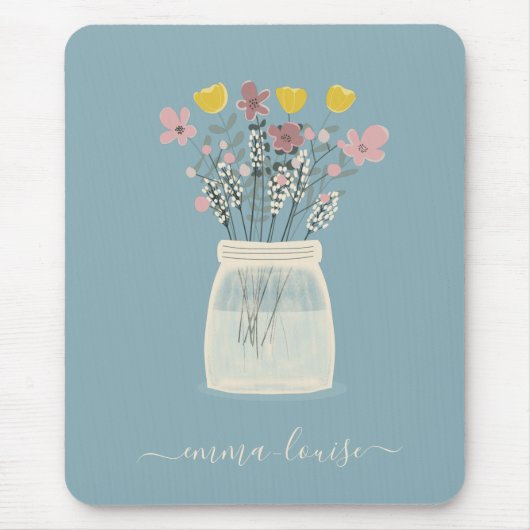 Wilde Blumen Mason Jar Handgeschriebene Monogramm Mousepad (Vorne)