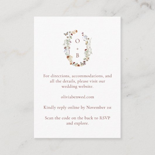 Wilde-Blumen-Monogramm-Hochzeitsdetails QR-Code-Ei Begleitkarte (Vorderseite)
